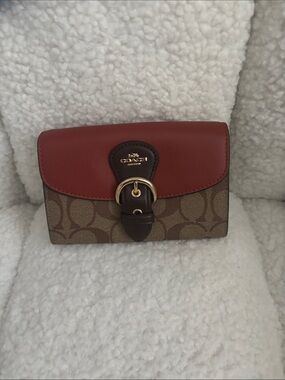 Coach Signature Canvas Wallet with Burnt Orange Leather Flap and Brown Trim